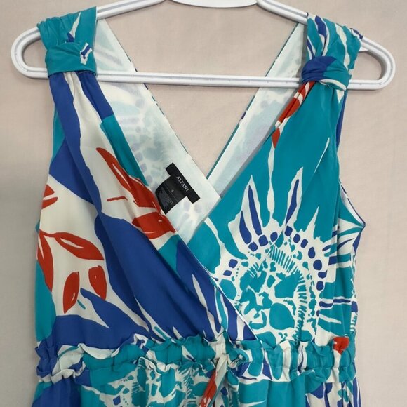 Sleeveless Silk-Inspired Dress with Blue & Orange Botanical Pattern (SIZE 6) - Picture 5 of 16